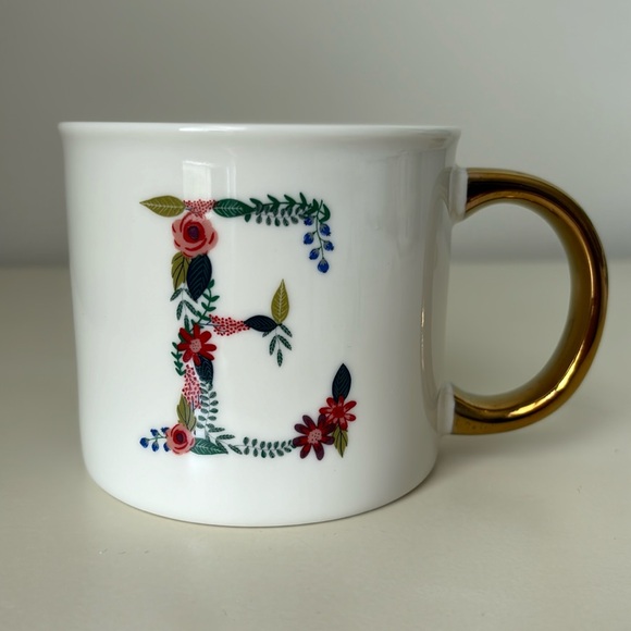 Opal House Name Initial E Floral Large Porcelain Coffee Mug metallic gold handle - Picture 2 of 8